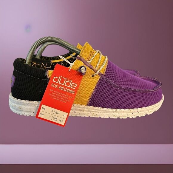 Hey Dude Wally Sox Tri Men’s Size 8 Loafer Fans LA Purple Gold Slip on 112566021 - Picture 1 of 10